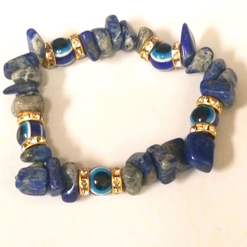 Evil Eye Natural Blue Stone beaded Bracelet with gold Rhinestone  New